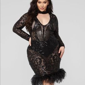 See through sequins dress with a fur bottom